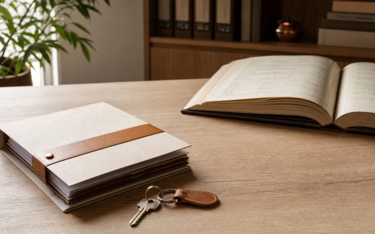 B008 Pagamento e registro da propriedade Chave ao lado de pasta documental e livro registral aberto