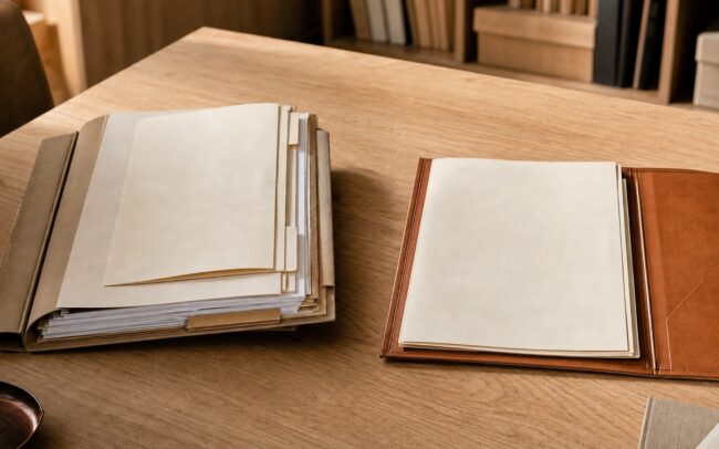 Dois volumes documentais separados sobre uma mesa de madeira clara