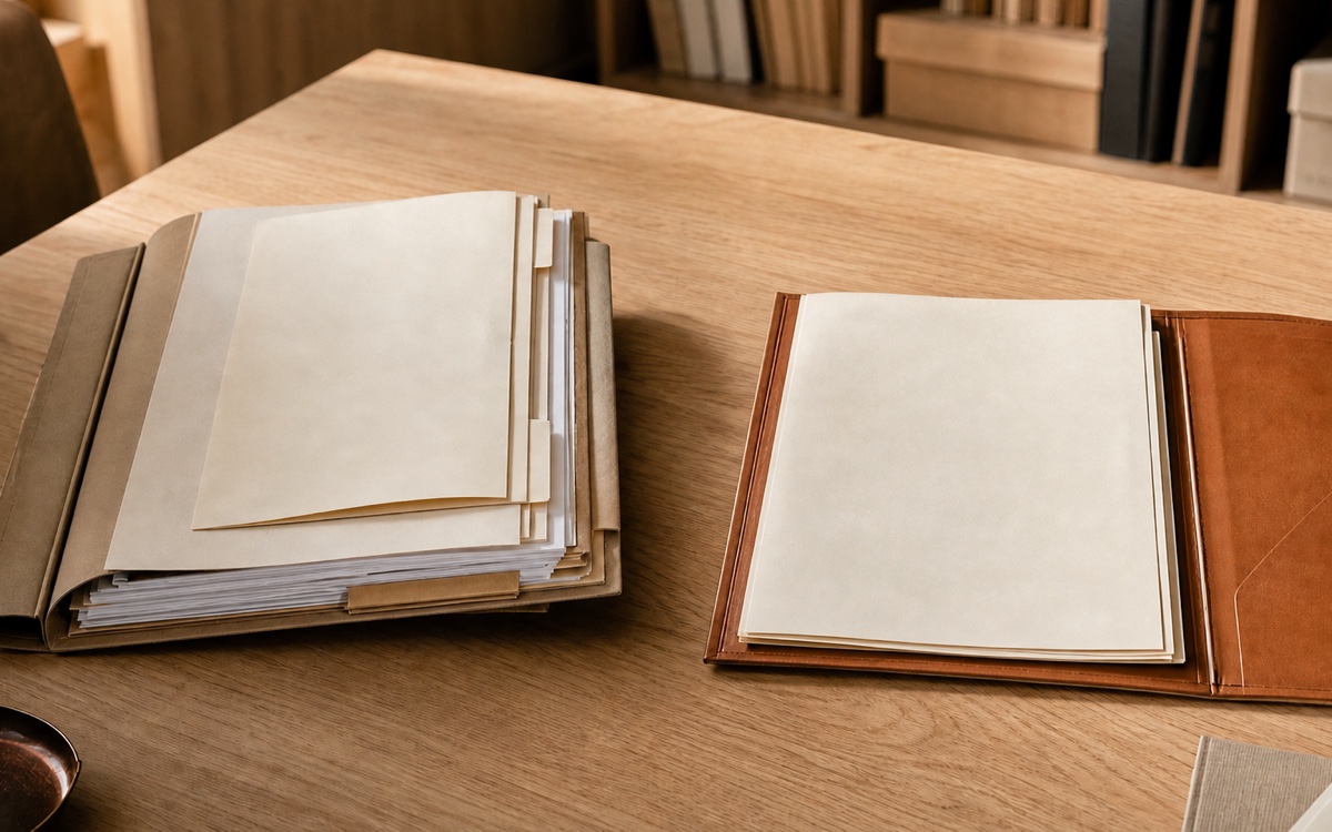 Dois volumes documentais separados sobre uma mesa de madeira clara