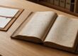 Grande livro histórico de transcrições aberto sobre mesa de arquivo
