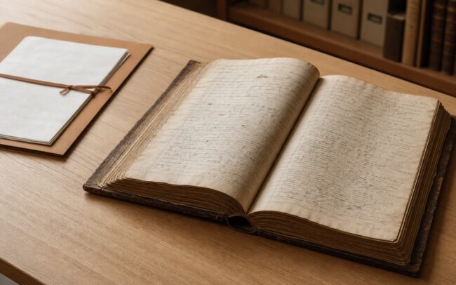 Grande livro histórico de transcrições aberto sobre mesa de arquivo