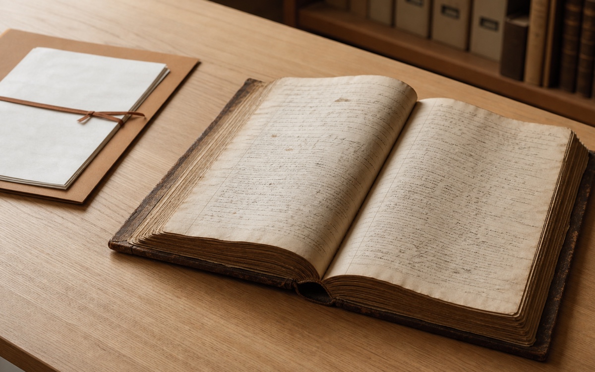 B016 História do imóvel na transcrição Grande livro histórico de transcrições aberto sobre mesa de arquivo