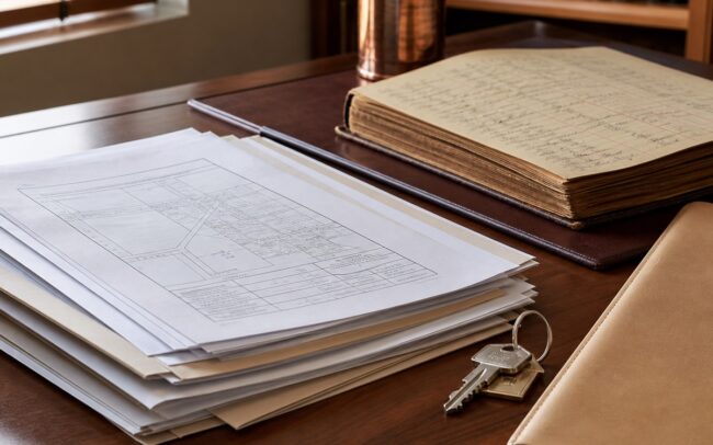Documentos imobiliários, chave e livro registral sobre mesa de madeira.