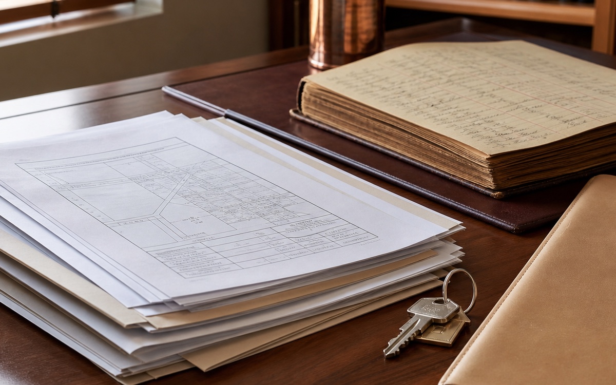 Documentos imobiliários, chave e livro registral sobre mesa de madeira.
