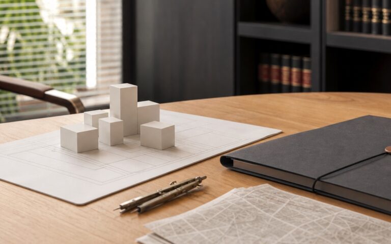 Maquete volumétrica neutra, planta e pasta registral sobre mesa de madeira.